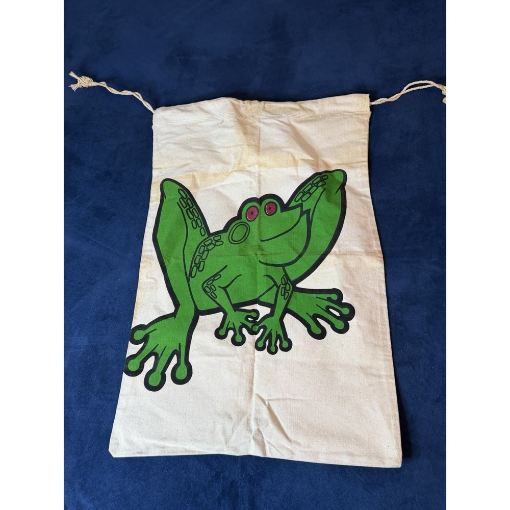Vtg 80s Ocean House Canvas Drawstring Bag Double Sided Frog Green Red 31x21